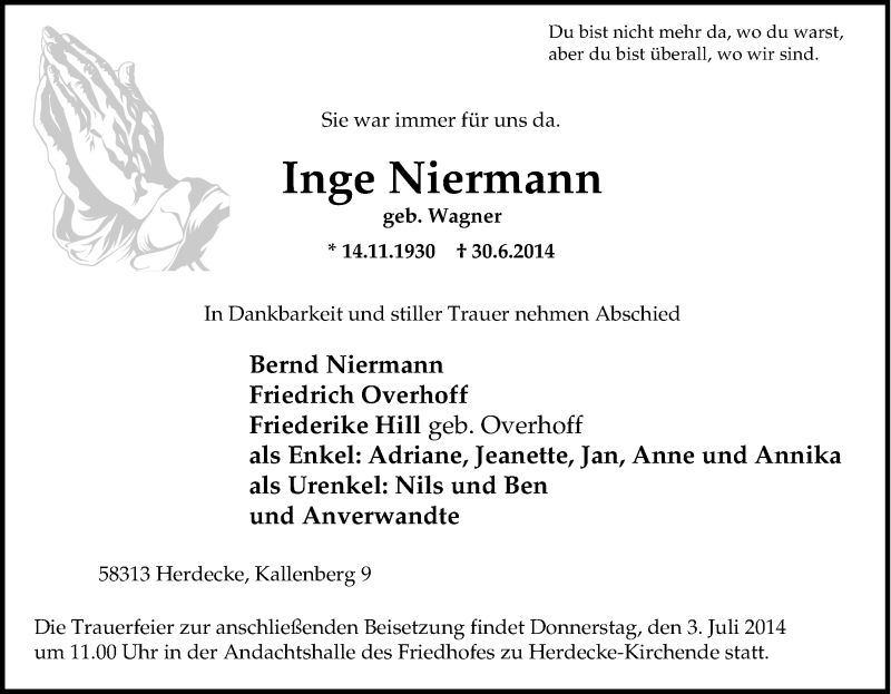  Traueranzeige für Inge Niermann vom 01.07.2014 aus Tageszeitung