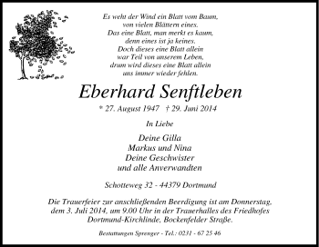 Traueranzeige von Eberhard Senftleben von Tageszeitung