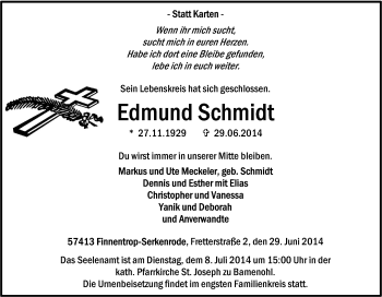 Traueranzeige von Edmund Schmidt von Tageszeitung