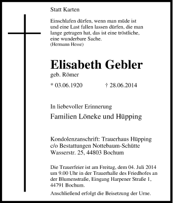 Traueranzeige von Elisabeth Gebler von Tageszeitung