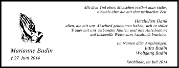 Traueranzeige von Marianne Budin von Tageszeitung