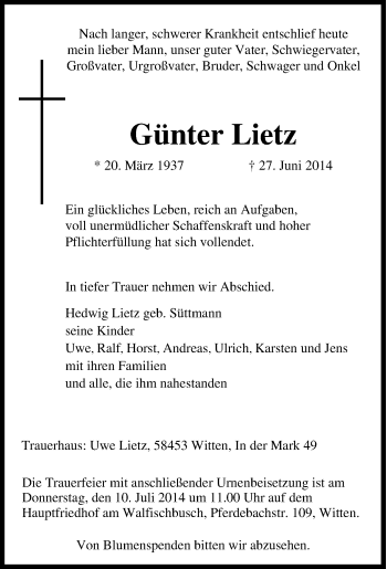 Traueranzeige von Günter Lietz von Tageszeitung