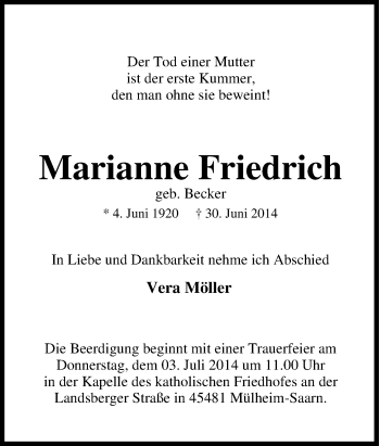 Traueranzeige von Marianne Friedrich von Tageszeitung