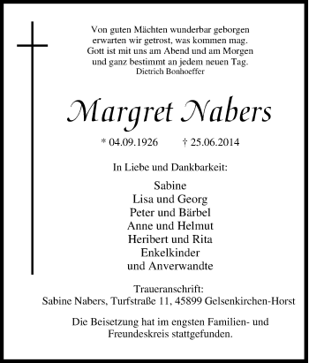 Traueranzeige von Margret Nabers von Tageszeitung