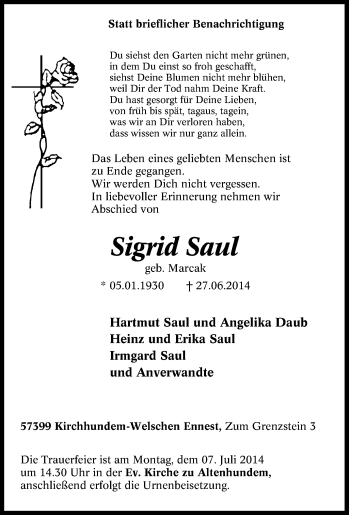 Traueranzeige von Sigrid Saul von Tageszeitung
