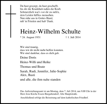 Traueranzeige von Heinz-Wilhelm Schulte von Tageszeitung