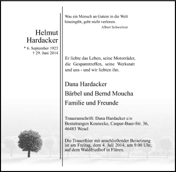 Traueranzeige von Helmut Hardacker von Tageszeitung