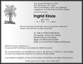 Traueranzeige von Ingrid Kloos von Tageszeitung