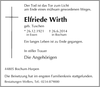 Traueranzeige von Elfriede Wirth von Tageszeitung