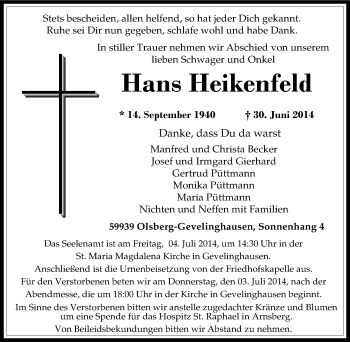 Traueranzeige von Hans Heikenfeld von Tageszeitung