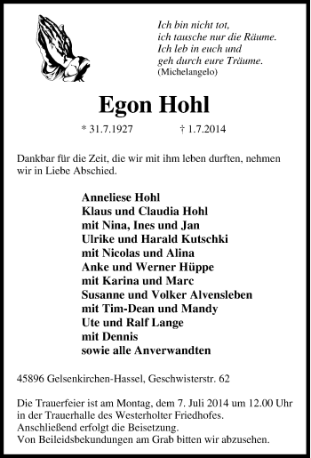 Traueranzeige von Egon Hohl von Tageszeitung