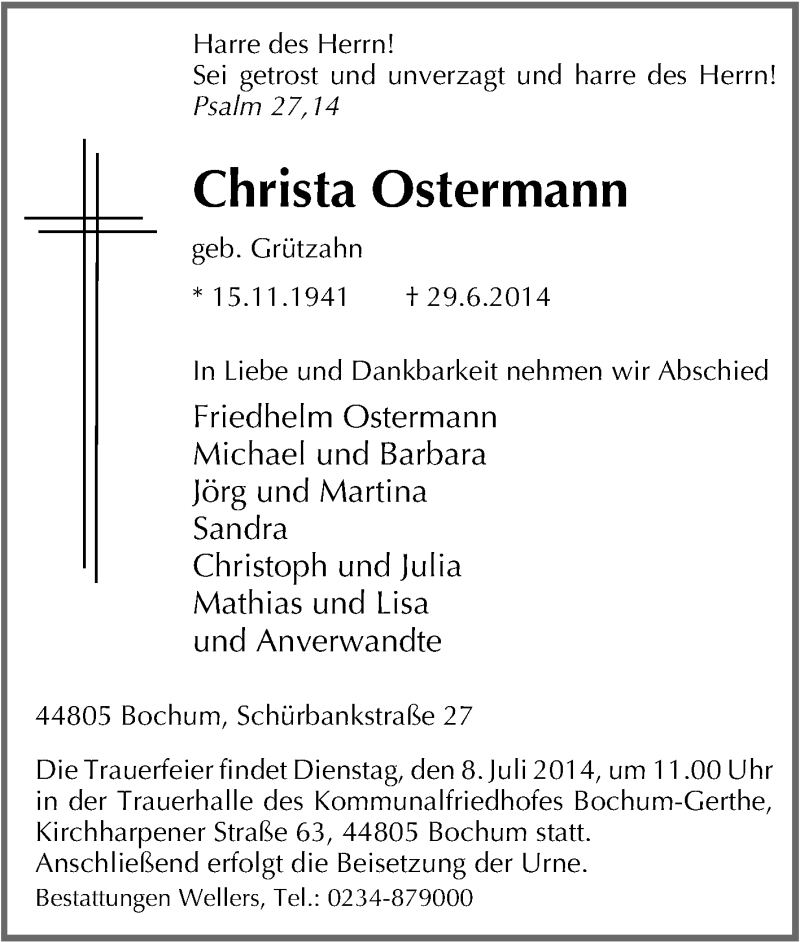 Traueranzeigen Von Christa Ostermann Trauer In Nrwde 2698