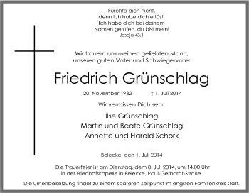 Traueranzeige von Friedrich Grünschlag von Tageszeitung