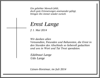 Traueranzeige von Ernst Lange von Tageszeitung