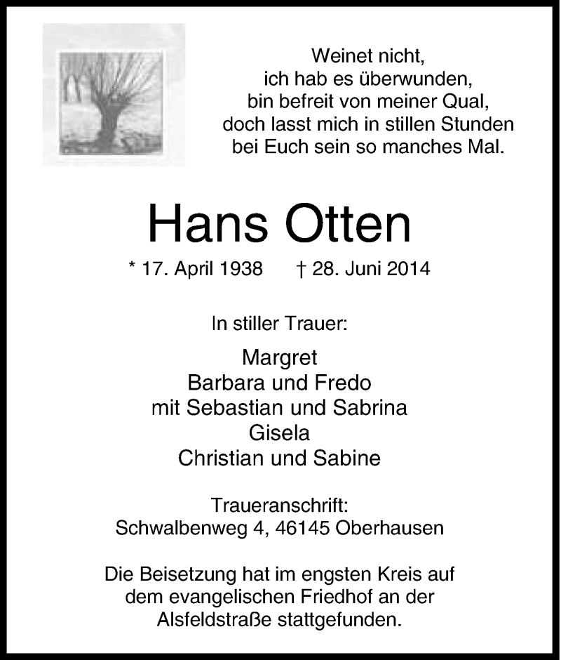  Traueranzeige für Hans Otten vom 05.07.2014 aus Tageszeitung