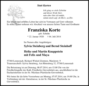 Traueranzeige von Franziska Korte von Tageszeitung