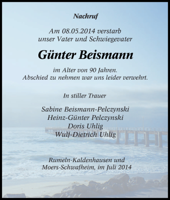 Traueranzeige von Günter Beismann von Tageszeitung