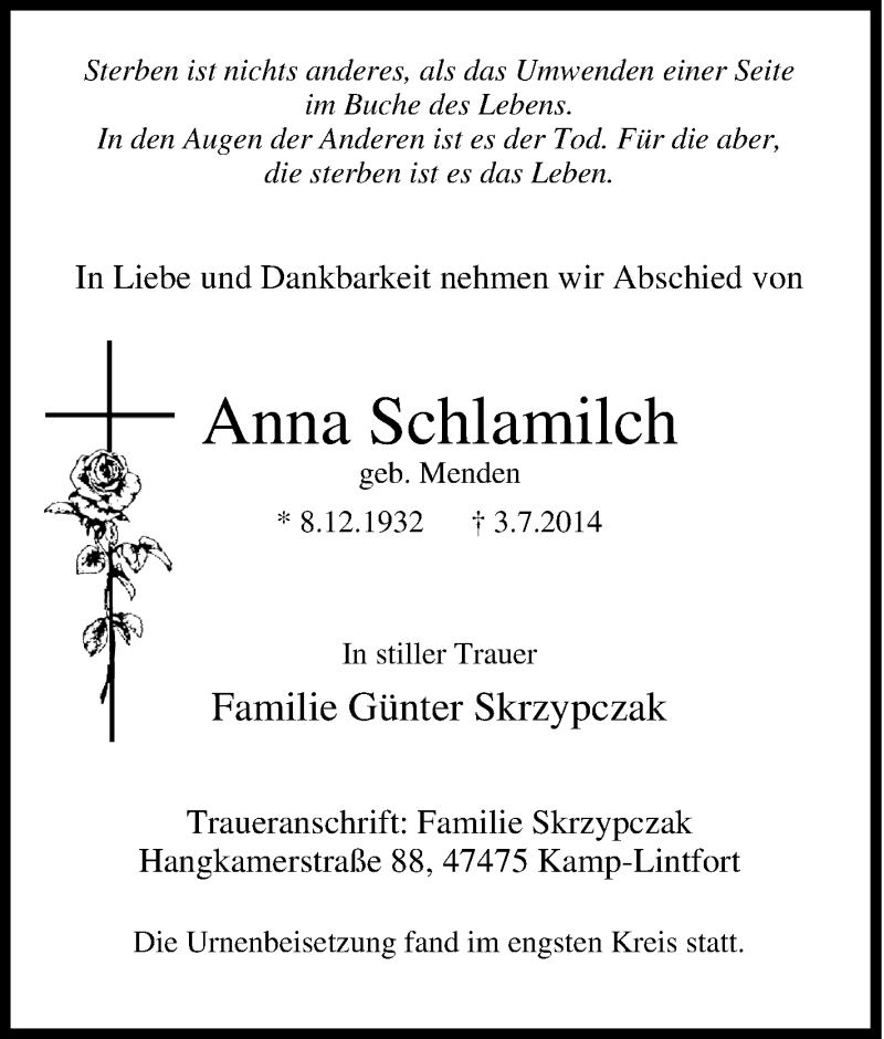  Traueranzeige für Anna Schlamilch vom 19.07.2014 aus Tageszeitung