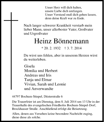 Traueranzeige von Heinz Bönnemann von Tageszeitung