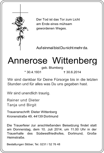 Traueranzeige von Annerose Wittenberg von Tageszeitung
