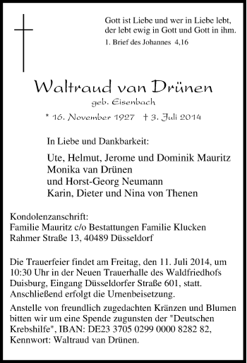 Traueranzeige von Waltraud van Drünen von Tageszeitung