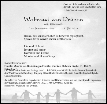 Traueranzeige von Waltraud van Drünen von Tageszeitung