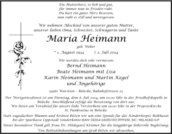 Traueranzeige von Maria Heimann von Tageszeitung