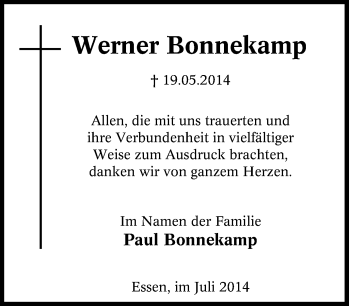 Traueranzeige von Werner Bonnekamp von Tageszeitung