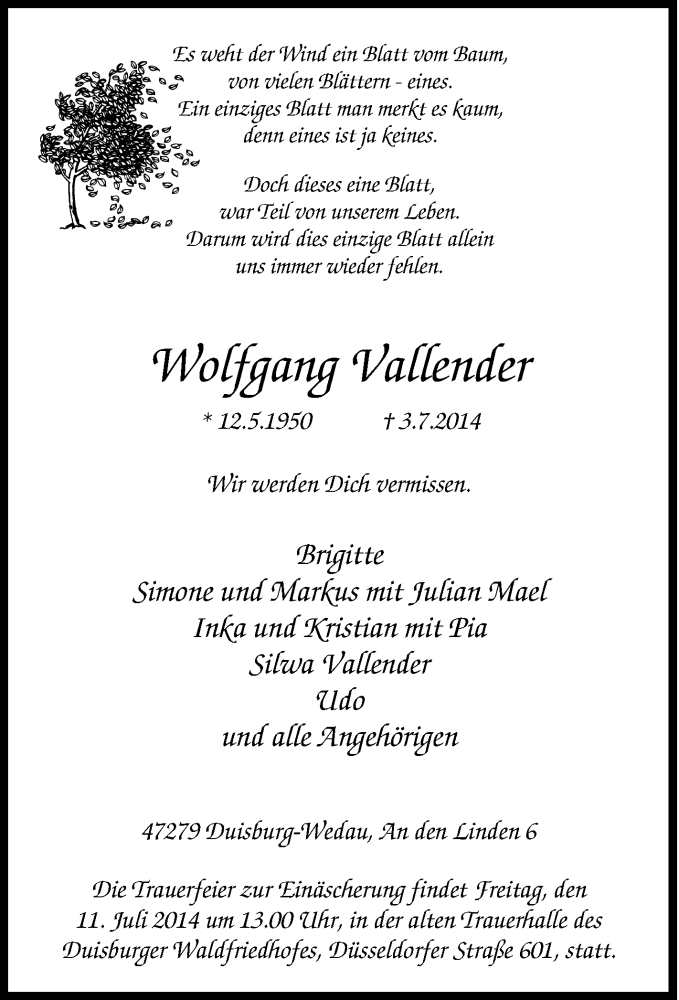  Traueranzeige für Wolfgang Vallender vom 07.07.2014 aus Tageszeitung