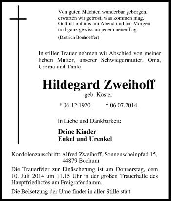 Traueranzeige von Hildegard Zweihoff von Tageszeitung