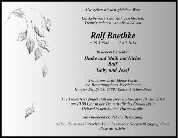 Traueranzeige von Ralf Baethke von Tageszeitung