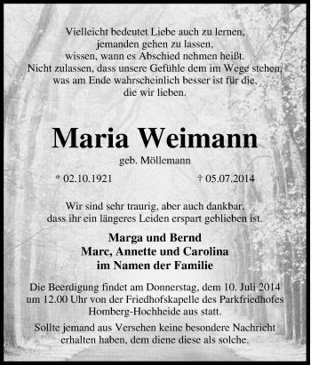 Traueranzeige von Maria Weimann von Tageszeitung