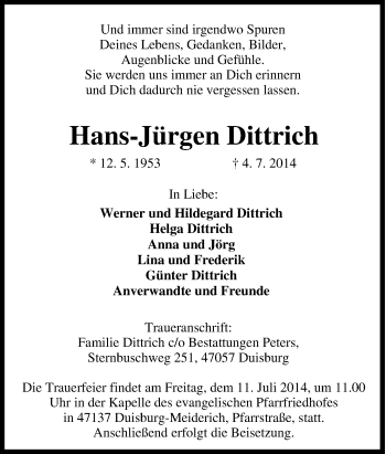 Traueranzeige von Hans-Jürgen Dittrich von Tageszeitung