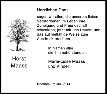 Traueranzeige von Horst Maass von Tageszeitung