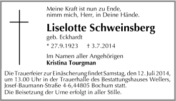Traueranzeige von Liselotte Schweinsberg von Tageszeitung