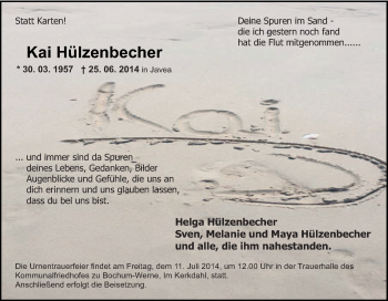 Traueranzeige von Kai Hülzenbecher von Tageszeitung