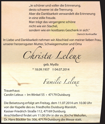 Traueranzeige von Christa Leleux von Tageszeitung