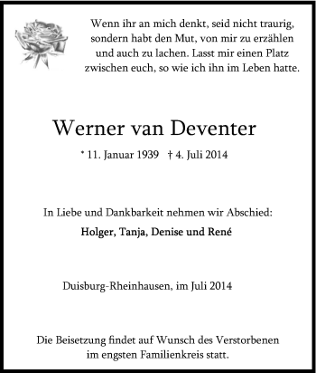 Traueranzeige von Werner van Deventer von Tageszeitung