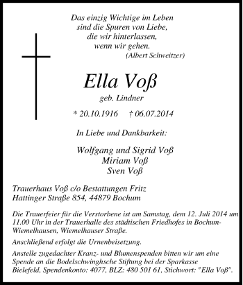 Traueranzeige von Ella Voß von Tageszeitung