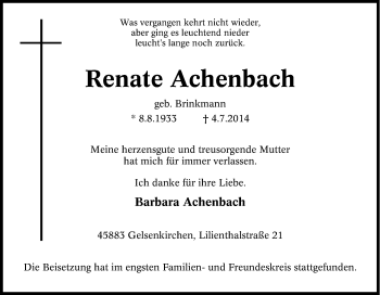 Traueranzeige von Renate Achenbach von Tageszeitung