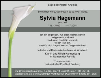 Traueranzeige von Sylvia Hagemann von Tageszeitung