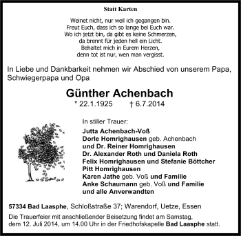 Traueranzeige von Günther Achenbach von Tageszeitung