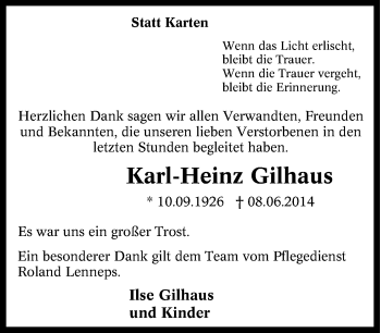 Traueranzeige von Karl-Heinz Gilhaus von Tageszeitung