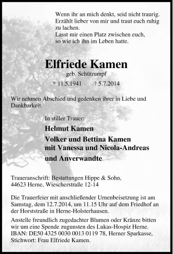 Traueranzeige von Elfriede Kamen von Tageszeitung