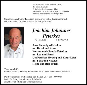 Traueranzeige von Joachim Johannes Peterkes von Tageszeitung