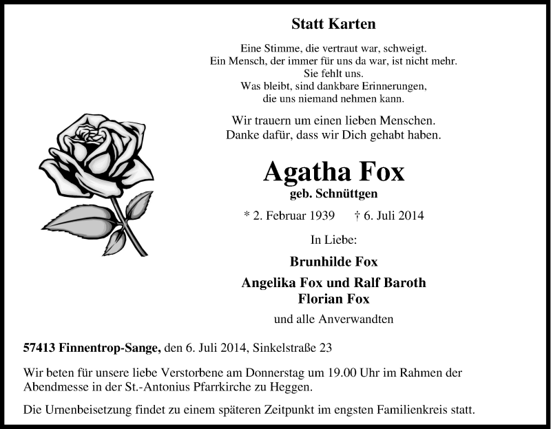  Traueranzeige für Agatha Fox vom 09.07.2014 aus Tageszeitung