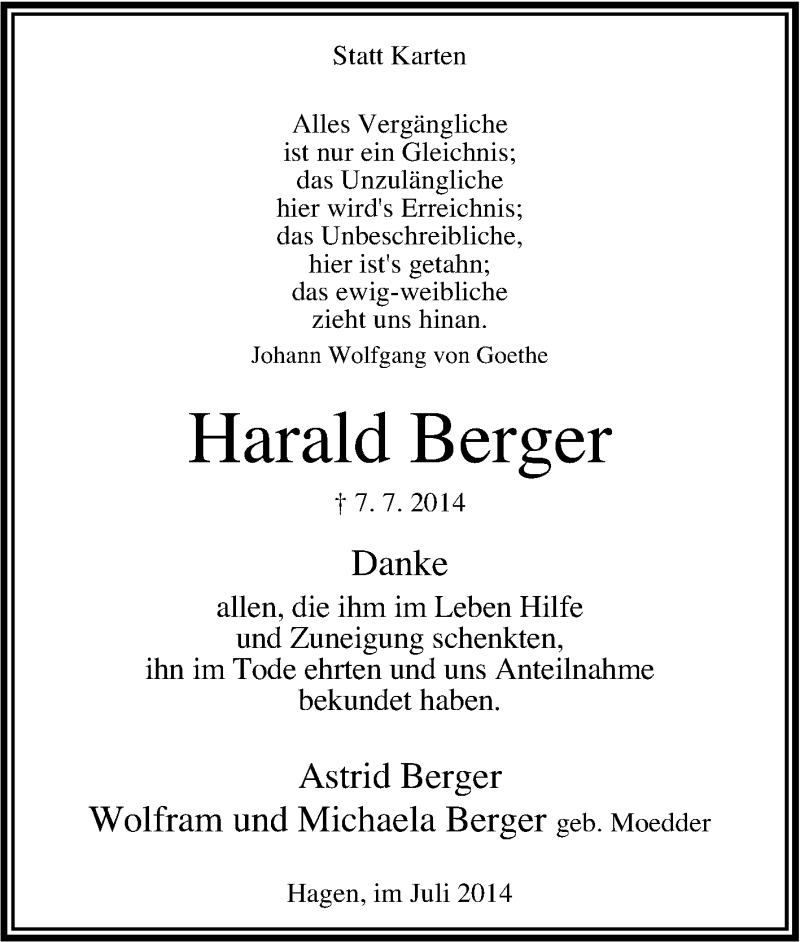  Traueranzeige für Harald Berger vom 25.07.2014 aus Tageszeitung
