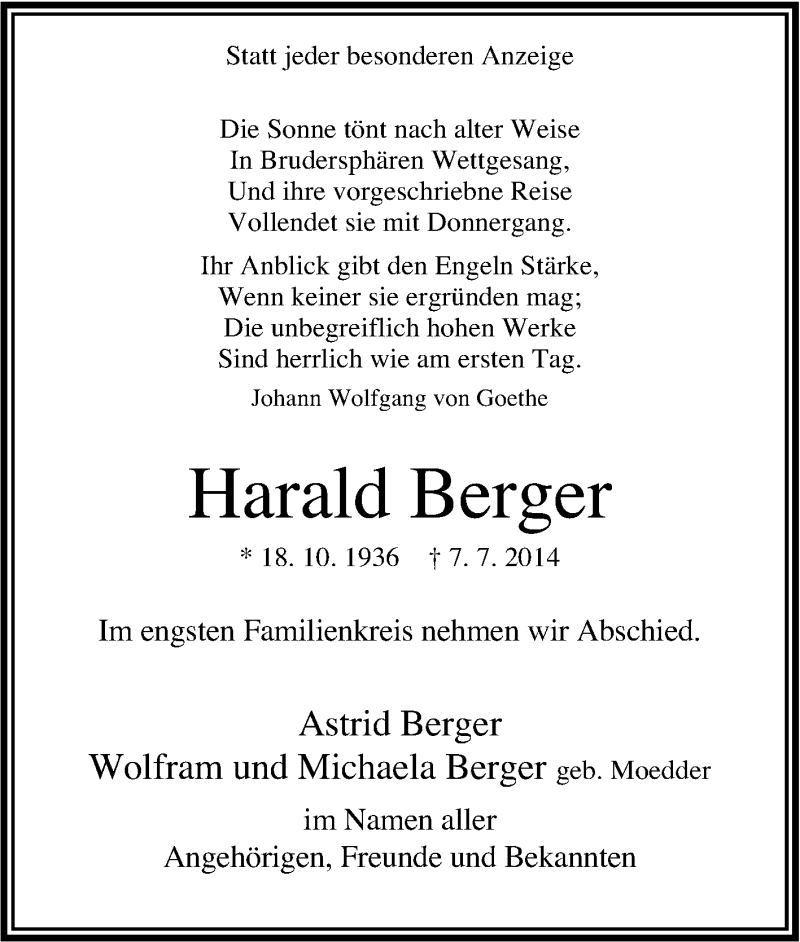  Traueranzeige für Harald Berger vom 12.07.2014 aus Tageszeitung