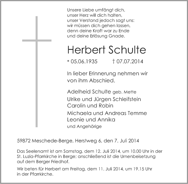  Traueranzeige für Herbert Schulte vom 09.07.2014 aus Tageszeitung