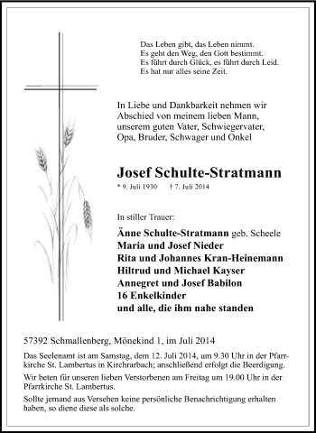 Traueranzeige von Josef Schulte-Stratmann von Tageszeitung